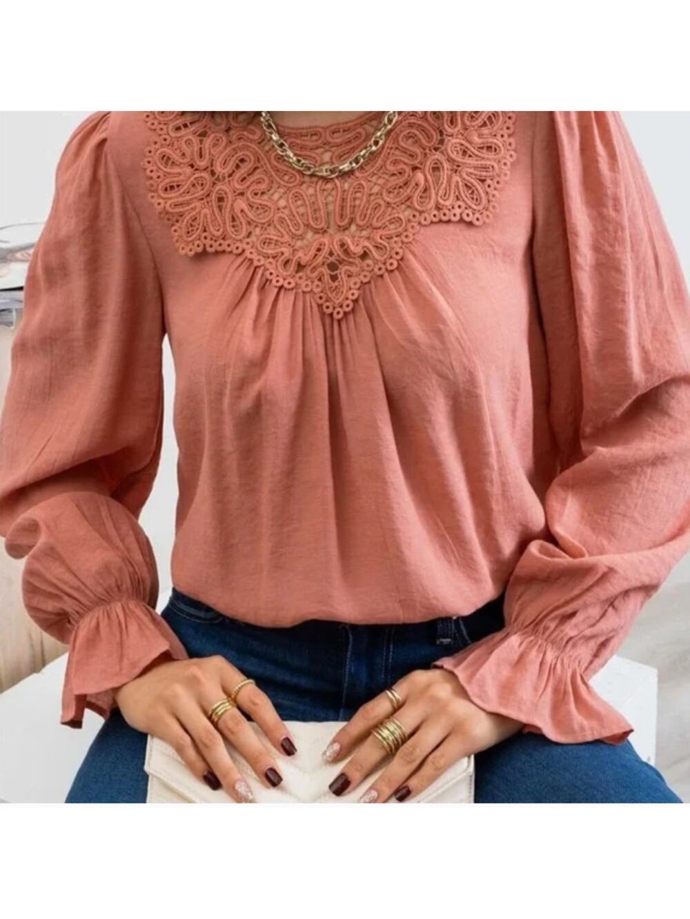 Blu Pepper Lace Yoke Long Sleeve Lightweight Blouse NEW- Sienna